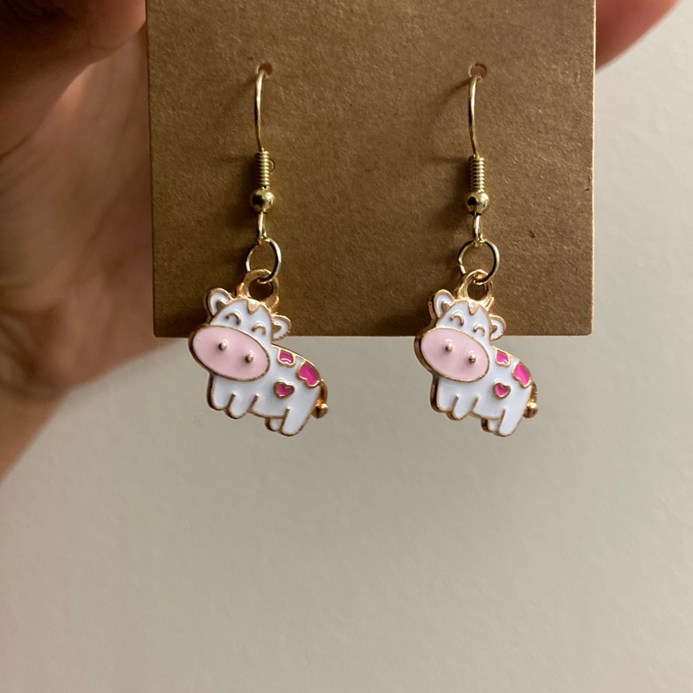 Strawberry cow dangle earrings